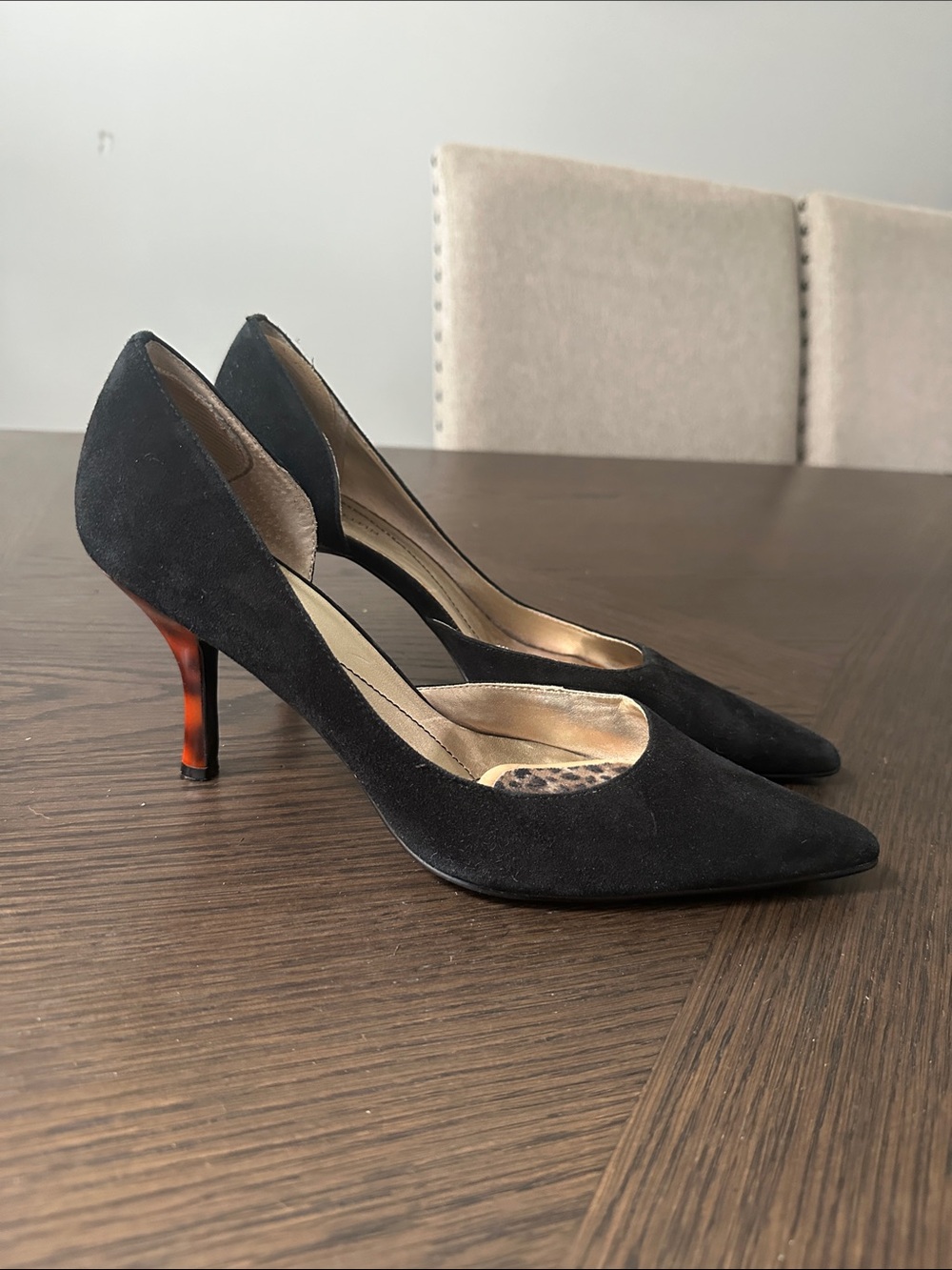 Anne Klein Black Suede Pointed-Toe Pumps with Tortoiseshell Heel
